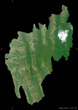 Tripura, Hindistan Eyaleti. Sentinel-2 uydu görüntüleri. Siyah üzerine izole edilmiş şekil. Tanımı, başkentin yeri. Değiştirilmiş Kopernik Sentinel verileri içerir