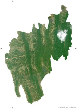 Tripura, Hindistan Eyaleti. Sentinel-2 uydu görüntüleri. Beyaz üzerinde izole edilmiş şekil. Tanımı, başkentin yeri. Değiştirilmiş Kopernik Sentinel verileri içerir