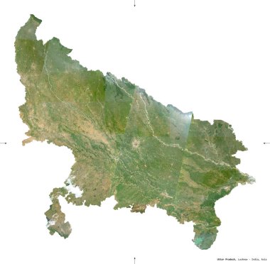 Uttar Pradesh, Hindistan devleti. Sentinel-2 uydu görüntüleri. Beyaz üzerinde izole edilmiş şekil. Tanımı, başkentin yeri. Değiştirilmiş Kopernik Sentinel verileri içerir