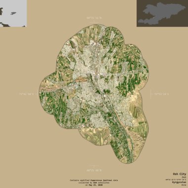 Osh City, Kırgızistan. Sentinel-2 uydu görüntüleri. Bilgilendirici örtülerle sağlam arkaplanda izole edilmiş şekil. Değiştirilmiş Kopernik Sentinel verileri içerir