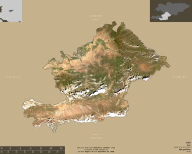 Osh, Kırgızistan şehri. Sentinel-2 uydu görüntüleri. Bilgilendirici örtülerle sağlam arkaplanda izole edilmiş şekil. Değiştirilmiş Kopernik Sentinel verileri içerir