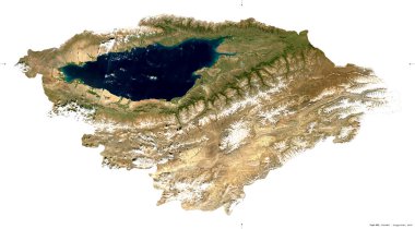 Ysyk-Kol, Kırgızistan vilayeti. Sentinel-2 uydu görüntüleri. Beyaz üzerinde izole edilmiş şekil. Tanımı, başkentin yeri. Değiştirilmiş Kopernik Sentinel verileri içerir