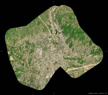 Dushanbe, Tacikistan bölgesi. Sentinel-2 uydu görüntüleri. Siyah üzerine izole edilmiş şekil. Tanımı, başkentin yeri. Değiştirilmiş Kopernik Sentinel verileri içerir