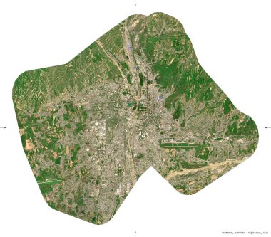 Dushanbe, Tacikistan bölgesi. Sentinel-2 uydu görüntüleri. Beyaz üzerinde izole edilmiş şekil. Tanımı, başkentin yeri. Değiştirilmiş Kopernik Sentinel verileri içerir