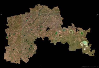 Kuzey Kazakistan, Kazakistan bölgesi. Sentinel-2 uydu görüntüleri. Siyah üzerine izole edilmiş şekil. Tanımı, başkentin yeri. Değiştirilmiş Kopernik Sentinel verileri içerir