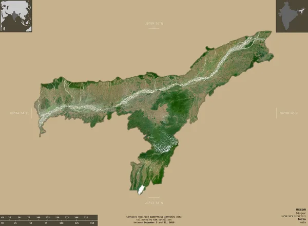 Assam State India Sentinel Satellite Imagery Shape Isolated Solid Background — Stock Photo, Image