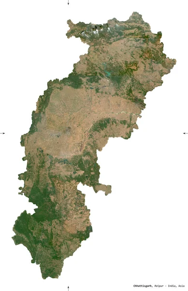 Chhattisgarh 印度邦 2号卫星图像 在白色上隔离的形状 首都的位置 包含修改后的哥白尼哨兵数据 — 图库照片