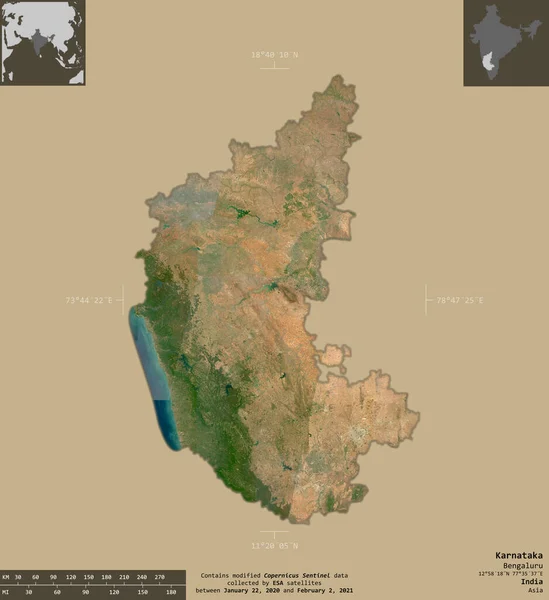 インドのカルナタカ州 センチネル 2衛星画像 有益なオーバーレイと固体背景に隔離形状 修正されたコペルニクスセンチネルデータが含まれています — ストック写真