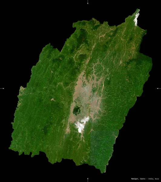 Manipur, state of India. Sentinel-2 satellite imagery. Shape isolated on black. Description, location of the capital. Contains modified Copernicus Sentinel data