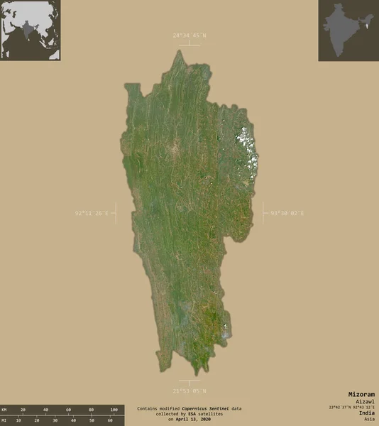 Mizoram Estado Índia Imagens Satélite Sentinela Forma Isolada Fundo Sólido — Fotografia de Stock