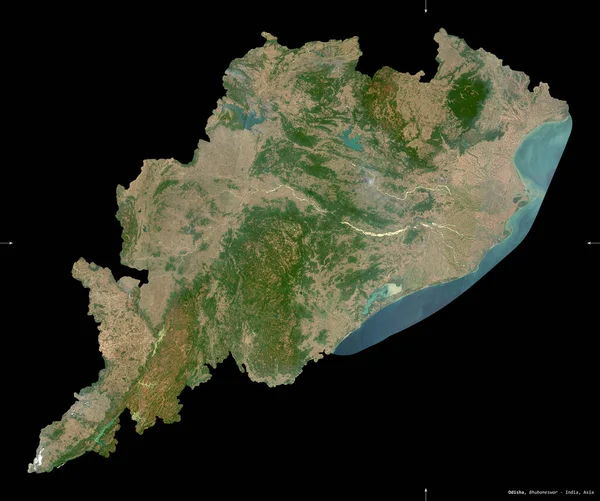 オディシャ インドの州 センチネル 2衛星画像 黒に隔離された形 首都の場所 修正されたコペルニクスセンチネルデータが含まれています — ストック写真