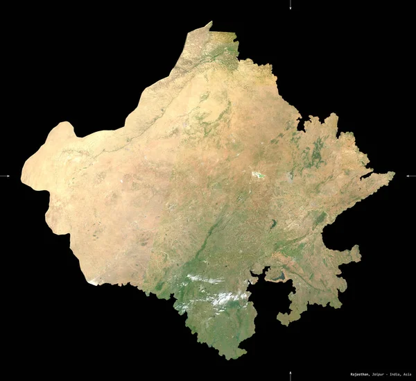インドのラジャスタン州 センチネル 2衛星画像 黒に隔離された形 首都の場所 修正されたコペルニクスセンチネルデータが含まれています — ストック写真