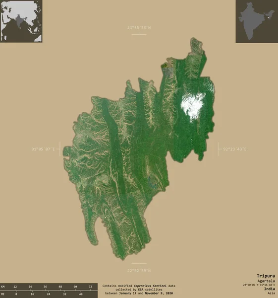 特里普拉邦 印度邦 2号卫星图像 在坚实的背景上与信息覆盖隔离的形状 包含修改后的哥白尼哨兵数据 — 图库照片