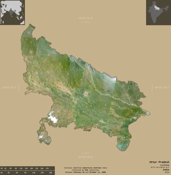 Uttar Pradesh Stato Dell India Immagini Satellitari Sentinel Forma Isolata — Foto Stock