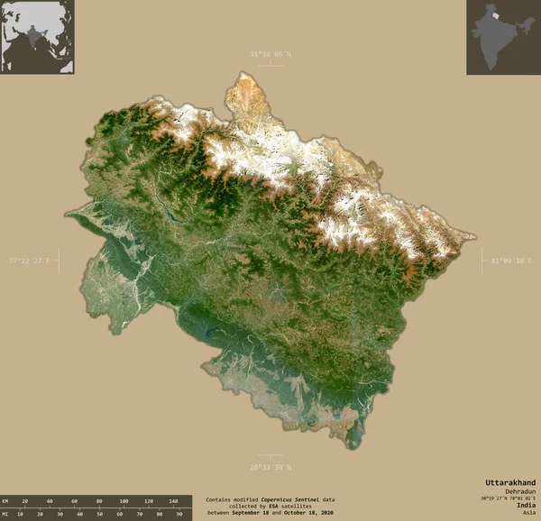 Uttarakhand Bundesstaat Indien Satellitenbilder Von Sentinel Form Isoliert Auf Festem — Stockfoto