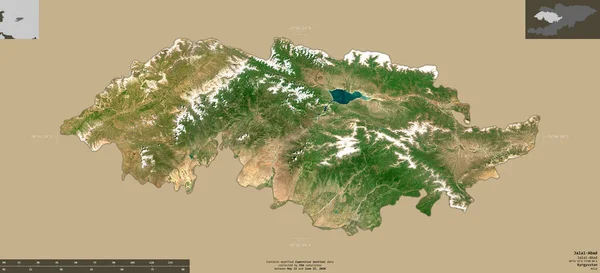 キルギス共和国のジャラル アバド県 センチネル 2衛星画像 有益なオーバーレイと固体背景に隔離形状 修正されたコペルニクスセンチネルデータが含まれています — ストック写真