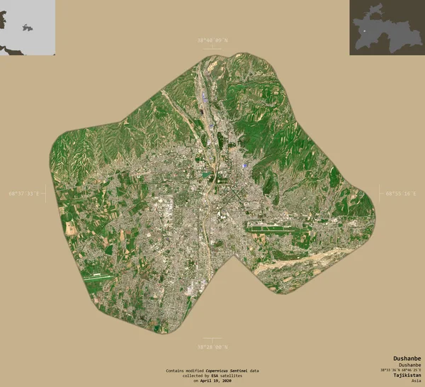 タジキスタンのドゥシャンベ地方 センチネル 2衛星画像 有益なオーバーレイと固体背景に隔離形状 修正されたコペルニクスセンチネルデータが含まれています — ストック写真