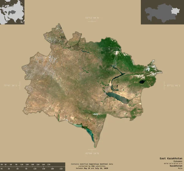 Kazakhstan Oriental Région Kazakhstan Imagerie Satellite Sentinel Forme Isolée Sur — Photo