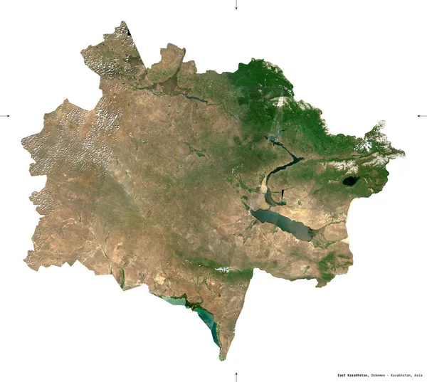 东哈萨克斯坦 哈萨克斯坦地区 2号卫星图像 在白色上隔离的形状 首都的位置 包含修改后的哥白尼哨兵数据 — 图库照片