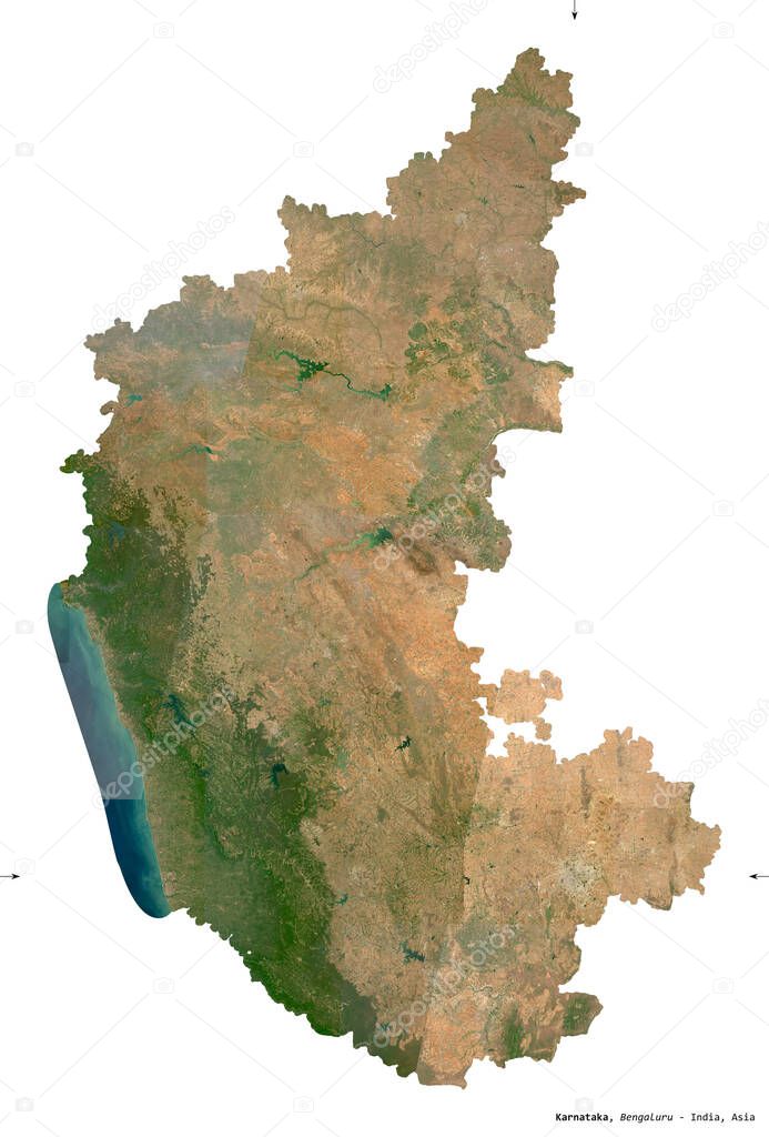 Karnataka, state of India. Sentinel-2 satellite imagery. Shape isolated on white. Description, location of the capital. Contains modified Copernicus Sentinel data