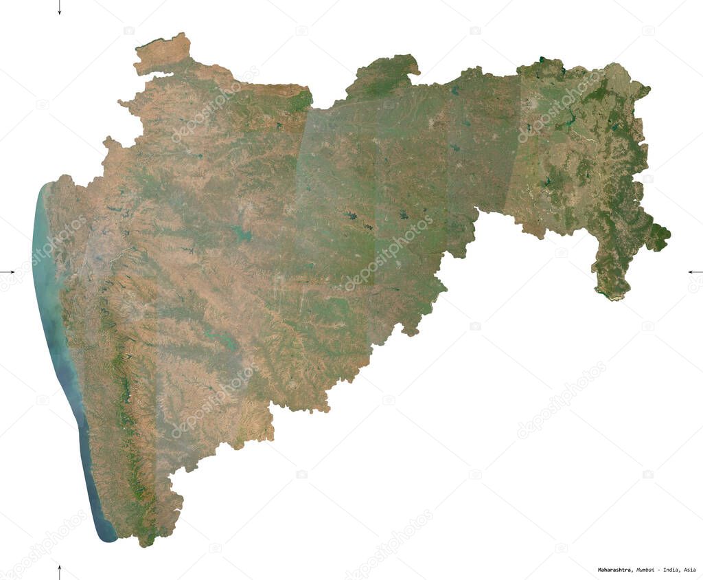 Maharashtra, state of India. Sentinel-2 satellite imagery. Shape isolated on white. Description, location of the capital. Contains modified Copernicus Sentinel data