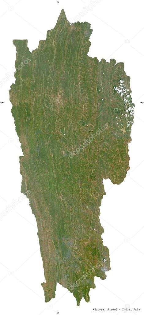 Mizoram, state of India. Sentinel-2 satellite imagery. Shape isolated on white. Description, location of the capital. Contains modified Copernicus Sentinel data
