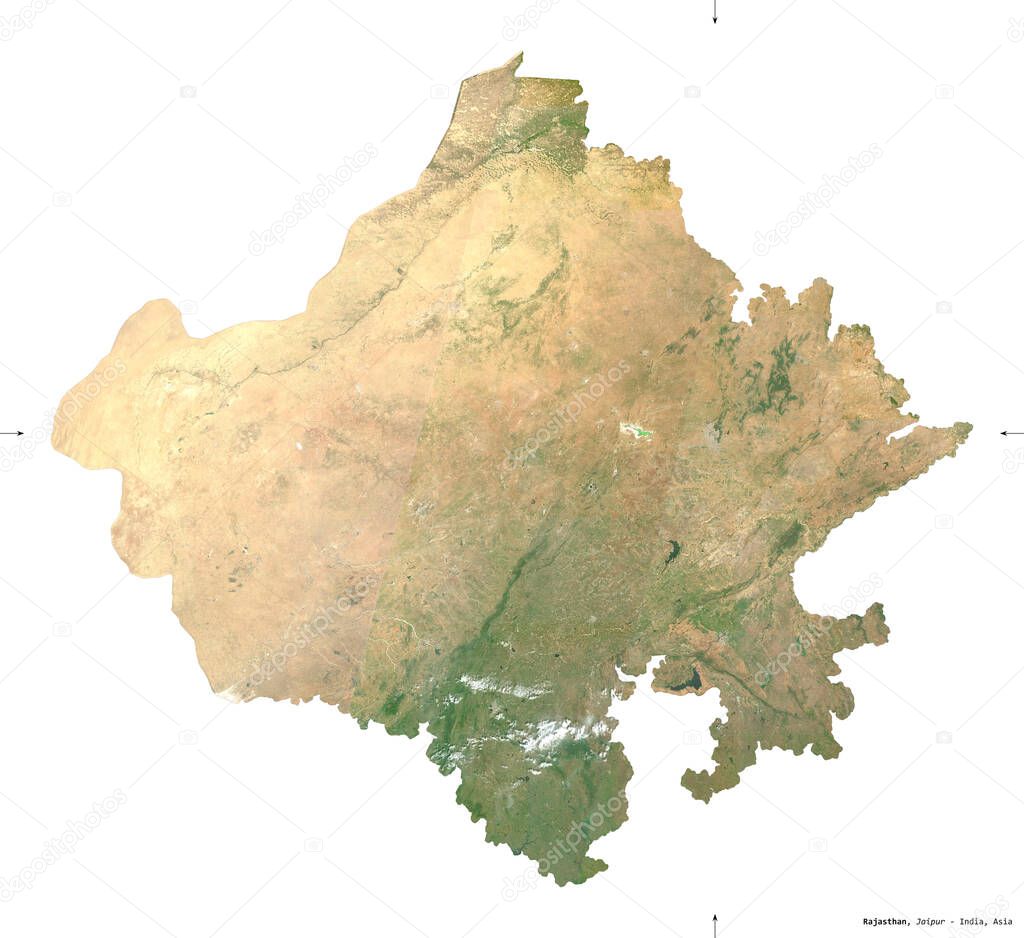 Rajasthan, state of India. Sentinel-2 satellite imagery. Shape isolated on white. Description, location of the capital. Contains modified Copernicus Sentinel data