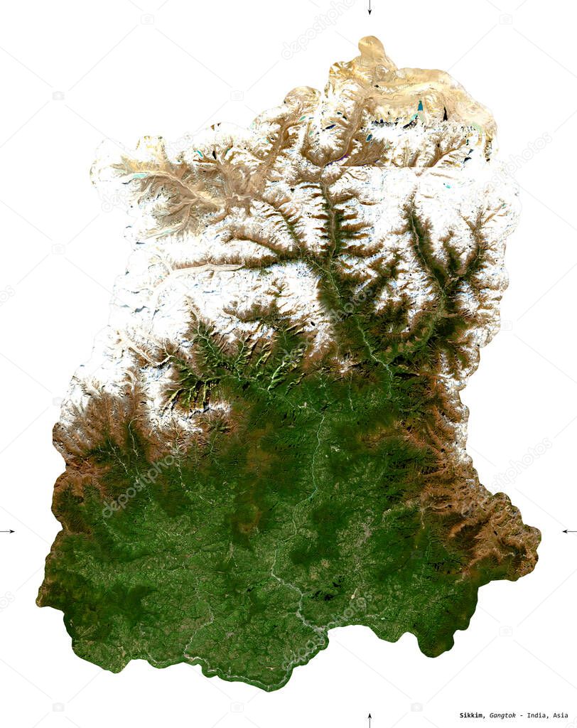 Sikkim, state of India. Sentinel-2 satellite imagery. Shape isolated on white. Description, location of the capital. Contains modified Copernicus Sentinel data