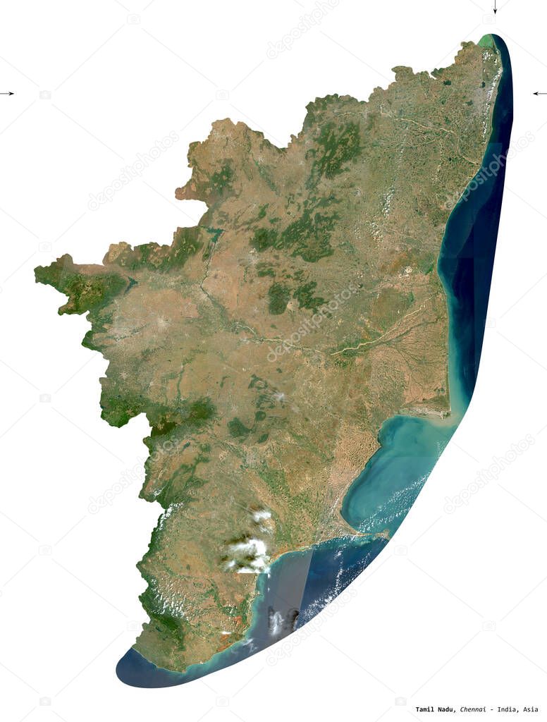 Tamil Nadu, state of India. Sentinel-2 satellite imagery. Shape isolated on white. Description, location of the capital. Contains modified Copernicus Sentinel data