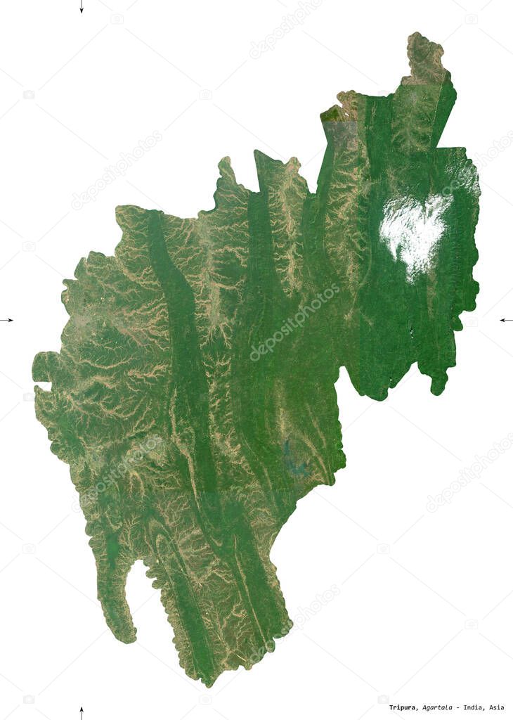 Tripura, state of India. Sentinel-2 satellite imagery. Shape isolated on white. Description, location of the capital. Contains modified Copernicus Sentinel data