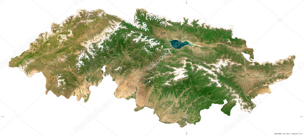 Jalal-Abad, province of Kyrgyzstan. Sentinel-2 satellite imagery. Shape isolated on white. Description, location of the capital. Contains modified Copernicus Sentinel data