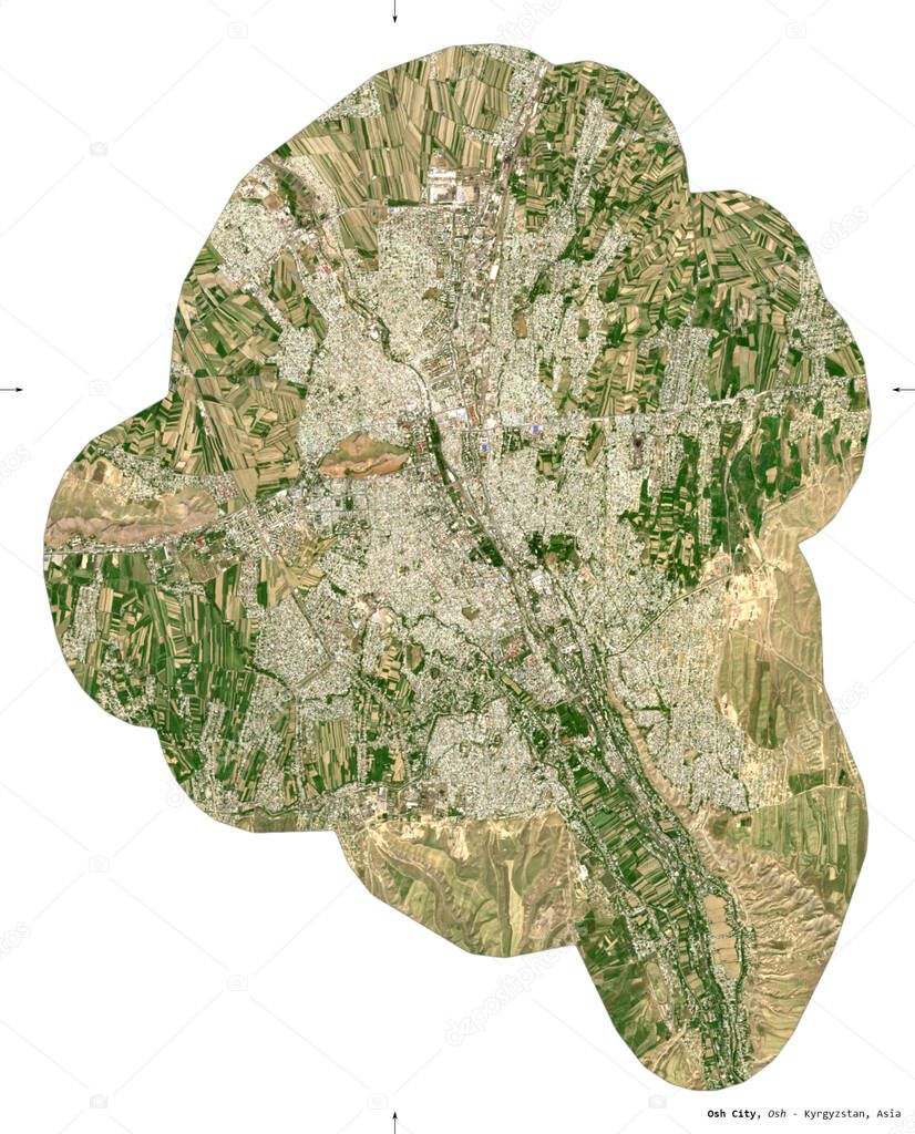 Osh City, city of Kyrgyzstan. Sentinel-2 satellite imagery. Shape isolated on white. Description, location of the capital. Contains modified Copernicus Sentinel data
