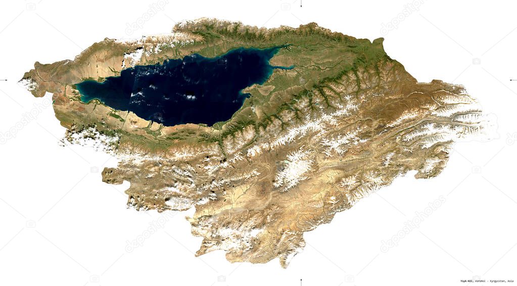 Ysyk-Kol, province of Kyrgyzstan. Sentinel-2 satellite imagery. Shape isolated on white. Description, location of the capital. Contains modified Copernicus Sentinel data