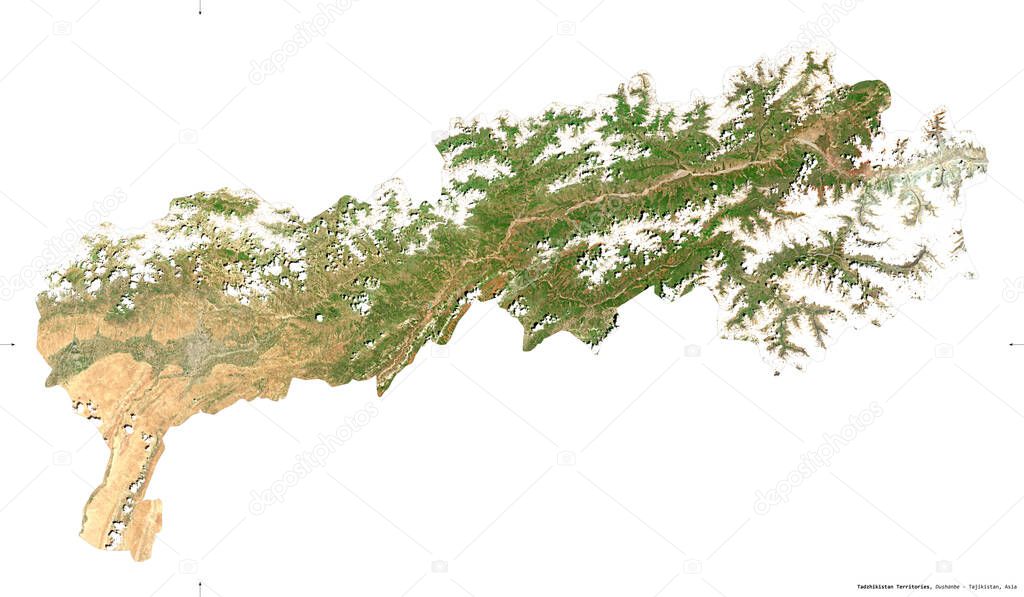 Tadzhikistan Territories, region of Tajikistan. Sentinel-2 satellite imagery. Shape isolated on white. Description, location of the capital. Contains modified Copernicus Sentinel data