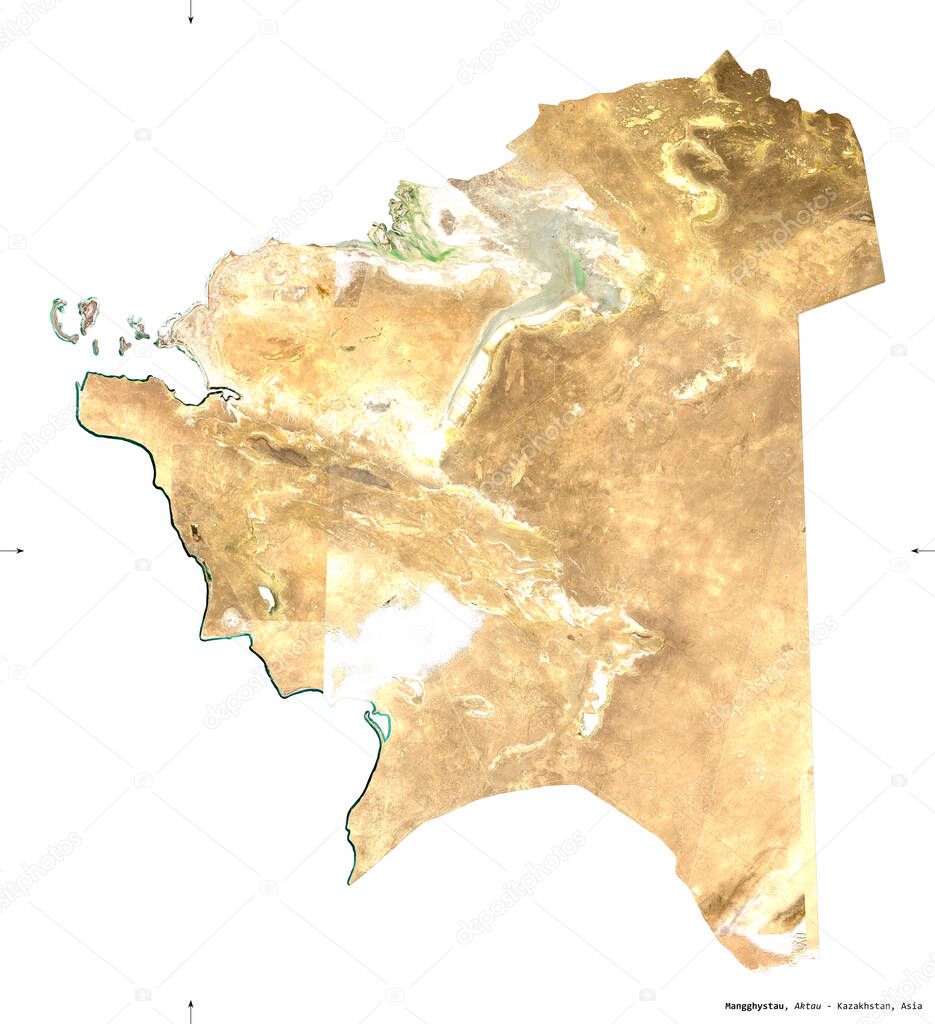 Mangghystau, region of Kazakhstan. Sentinel-2 satellite imagery. Shape isolated on white. Description, location of the capital. Contains modified Copernicus Sentinel data