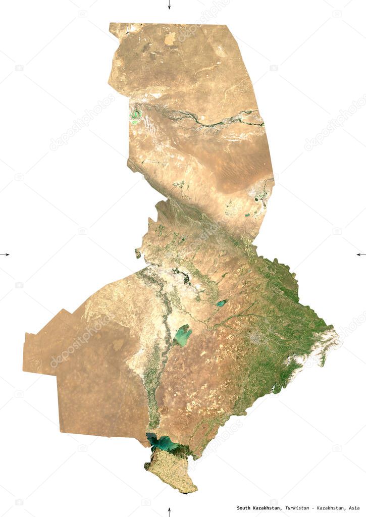 South Kazakhstan, region of Kazakhstan. Sentinel-2 satellite imagery. Shape isolated on white. Description, location of the capital. Contains modified Copernicus Sentinel data