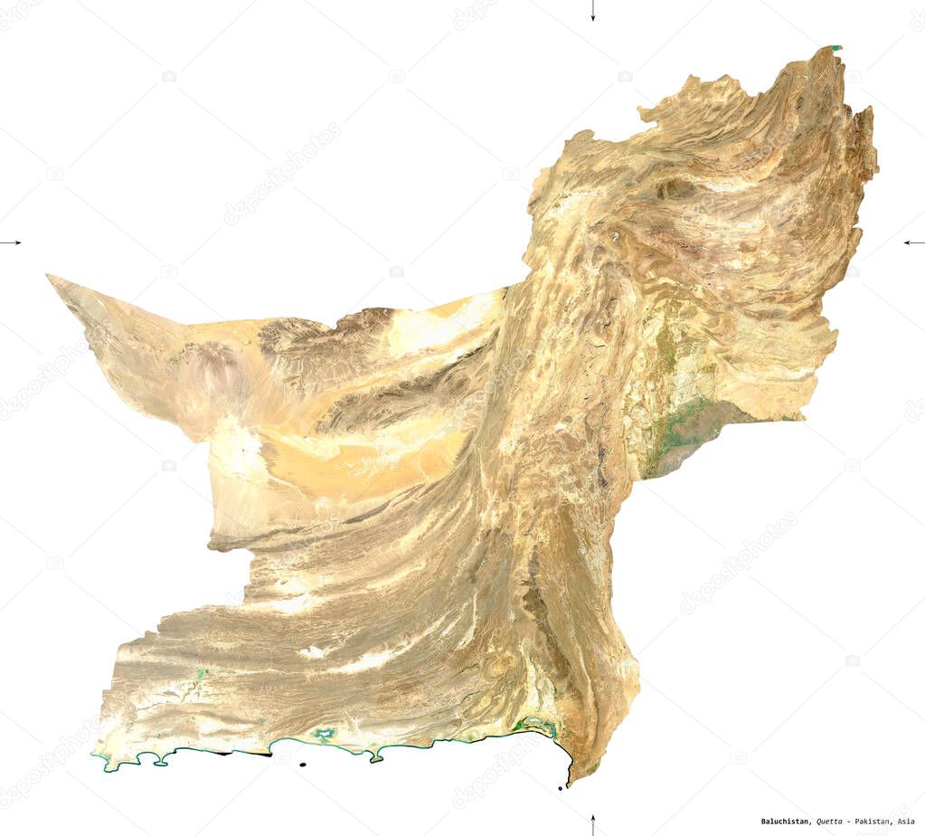Baluchistan, province of Pakistan. Sentinel-2 satellite imagery. Shape isolated on white. Description, location of the capital. Contains modified Copernicus Sentinel data