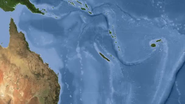 Nya Kaledonien beskrivs och glödde. Grannskap. Satellit — Stockvideo