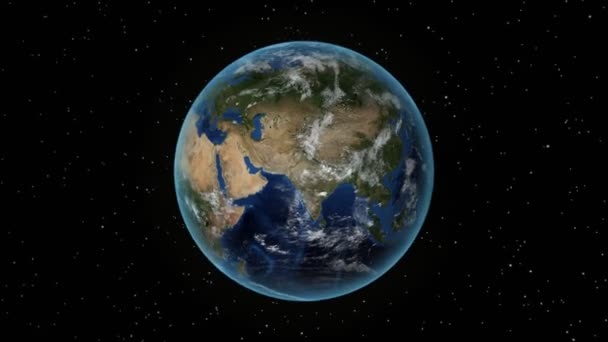 Albaniassa. 3D Earth avaruudessa - zoomaa Albaniaan hahmoteltu. Tähtitaivaan tausta — kuvapankkivideo