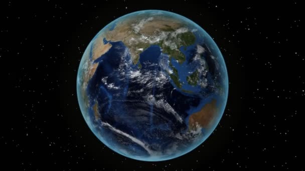 Мадагаскар. 3D Земля в космосе - масштаб на Мадагаскаре очерчен. Звездное небо — стоковое видео