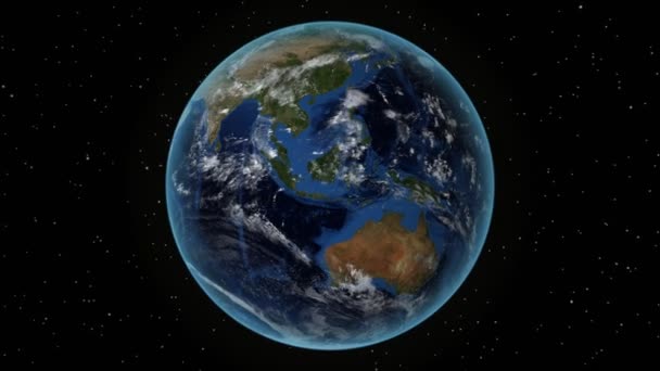 Szomália. 3D föld térben-nagyítás a Szomália körvonalazott. Csillagos ég a háttérben — Stock videók