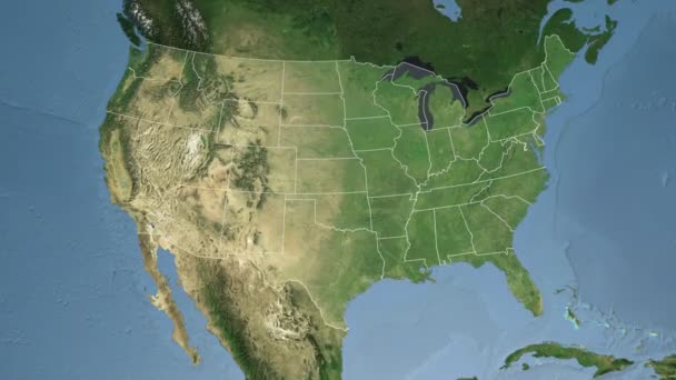 Alabama State (USA) extruderad på satellit karta över Nordamerika — Stockvideo