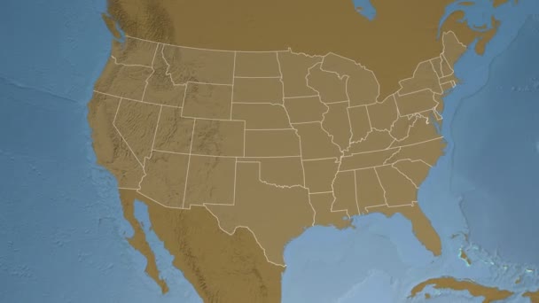 Arkansas state (USA) extrudado no mapa da elevação de América do Norte — Vídeo de Stock