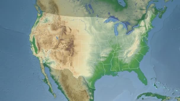 Arkansaský stát (USA) extrudovaný na fyzické mapě Severní Ameriky — Stock video