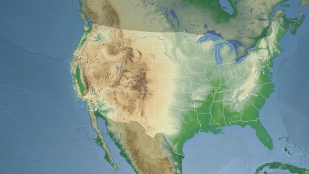 Estado da Califórnia (EUA) extrudido no mapa físico da América do Norte — Vídeo de Stock