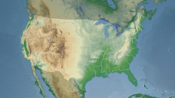 Delaware State (Verenigde Staten) geëxtrudeerd op de fysieke kaart van Noord-Amerika — Stockvideo