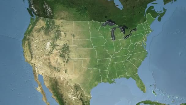 Delaware State (USA) vytlačované na satelitní mapě Severní Ameriky — Stock video