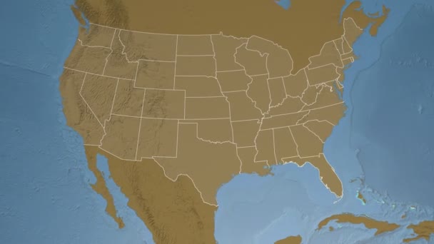 Floridský stát (USA) extrudovaný na výškový mapě Severní Ameriky — Stock video