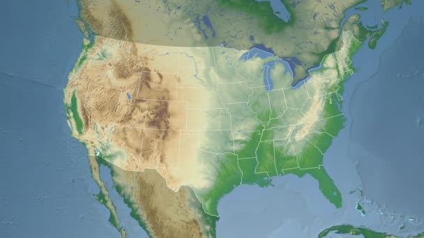 Estado de Indiana (EE.UU.) extruido en el mapa físico de América del Norte — Vídeo de stock