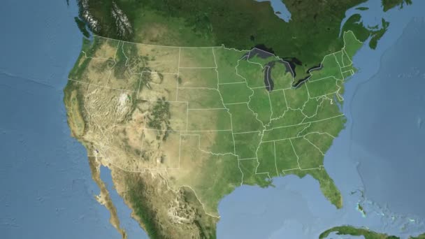 Indiana (Estados Unidos) extrudado no mapa de satélite de América do Norte — Vídeo de Stock